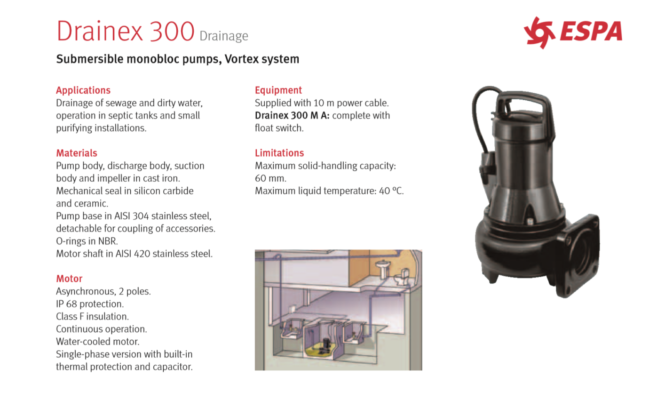 ESPA: Drainex 300 Drainage - Submersible monobloc Vortex System Pumps