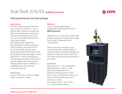 ESPA: Sub Tank 270/05 Building Services - Fixed Speed booster and tank Package­ Pump and Fittings UK