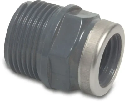 Reducing nipple PVC-U 1 1/4" x 1" male thread x female thread 10bar grey with stainless steel ring type reinforced